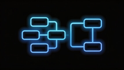 Glowing blue flowchart diagrams on black background