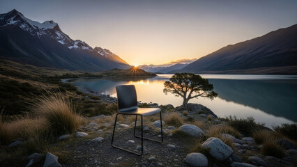 A lone chair sits on a rocky shore overlooking a serene lake at sunset amidst majestic mountains