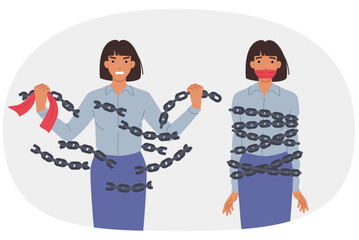Emancipation woman breaking chains to free herself from oppression and discriminatory attitudes. Emancipation of girl who fell into slavery due to social injustice or family violence