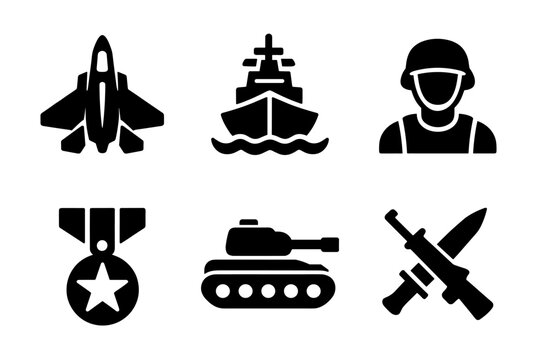 Military and defense icon collection in black. Set of fighter jet, warship, soldier, medal, tank and crossed weapons icons