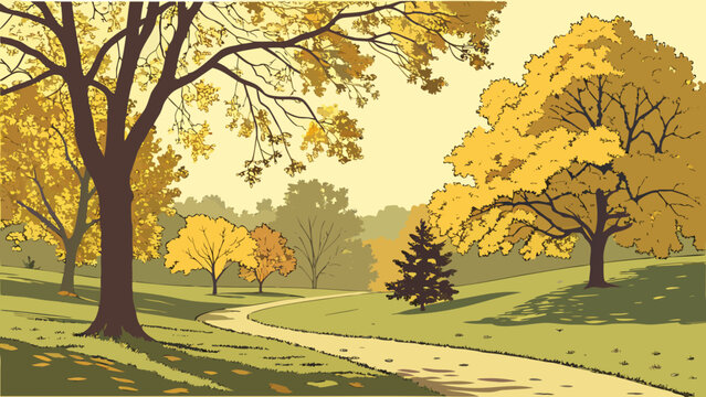 Autumn Park Scene A Serene Landscape with Golden Trees.