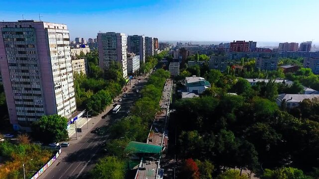 Zoom in. Panorama of Taganrog city and busy street