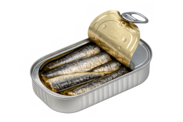 Open tin of sardines presenting fish fillets in oil. Healthy food offering essential omega-3 fatty acids. Transparent background
