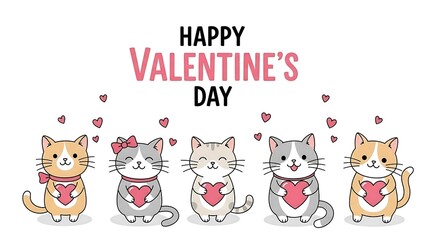 Fototapeta premium Cute Valentine's Day kittens holding hearts, celebrating love with adorable expressions and festive confetti, perfect for greeting cards and gifts