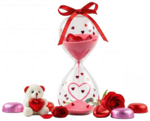 Valentine PNG, Glass hourglass with pink sand and heart shapes near teddy bear and roses