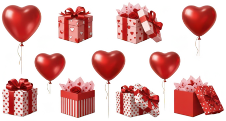 Valentine PNG, Collection of valentine's day elements featuring red heart balloons and patterned gift boxes with ribbons isolated on transparent background