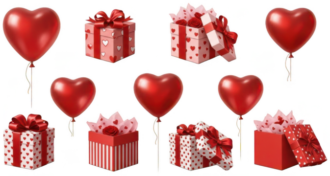 Valentine PNG, Collection of valentine's day elements featuring red heart balloons and patterned gift boxes with ribbons isolated on transparent background - Powered by Adobe