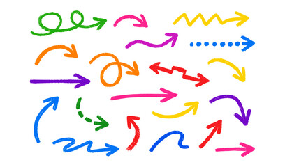 Collection of colorful hand-drawn arrows pointing in various directions on a white background