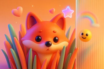 Fototapeta premium Cute cartoon fox hiding in colorful grass with floating hearts, neon star, rainbow and smiley face on soft orange abstract background. Ai generative