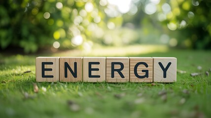 Wooden blocks with the word ENERGY on a green grassy field with blurred background