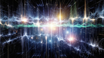 A vibrant digital artwork depicting a mesmerizing display of glowing lines and lights against a dark background.