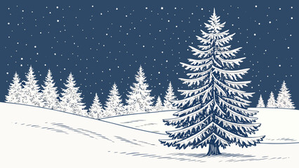 Obraz premium Snowy Winter Landscape with Pine Trees and Starry Sky.