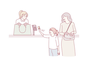 Family shopping and paying with card concept. Smiling daughter and mother paying with card during shopping together in store vector illustration
