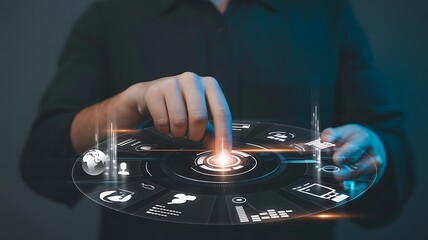 A person interacts with a futuristic digital interface in a dark environment from a close-up viewpoint.