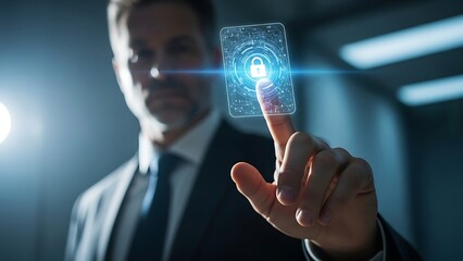 Businessman enabling digital security with fingerprint scan technology