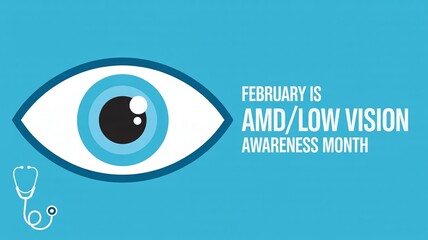 February Is AMD and Low Vision Awareness Month Graphic With Minimalist Eye Icon On Teal Blue Professional Medical Background