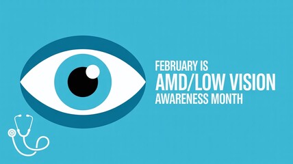 Obraz premium February Is AMD and Low Vision Awareness Month Graphic With Minimalist Eye Icon On Teal Blue Professional Medical Background