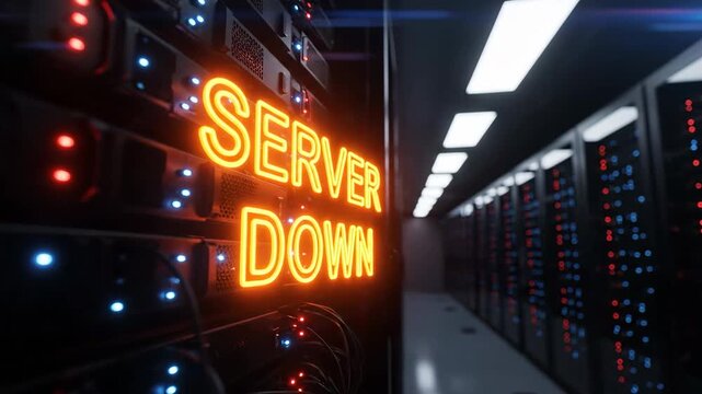 Server room with racks of computers and a neon orange SERVER DOWN sign illuminated.
