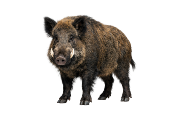 wild boar standing on a clean white background, showing detailed coarse fur, natural body structure, curved tusks, and strong muscular form. Soft studio lighting with clear texture, high clarity