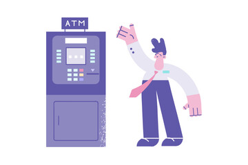 Smiling man use ATM machine for money withdrawal