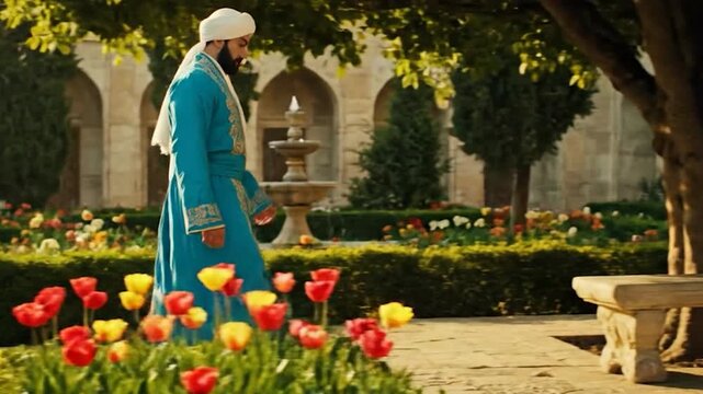 Man in traditional attire walks through a beautiful garden with fountains and flowers.