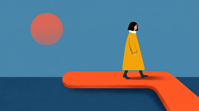 Minimalist a contemplative woman in yellow coat walking along curved orange platform over deep blue water beneath a warm orange sun - Powered by Adobe