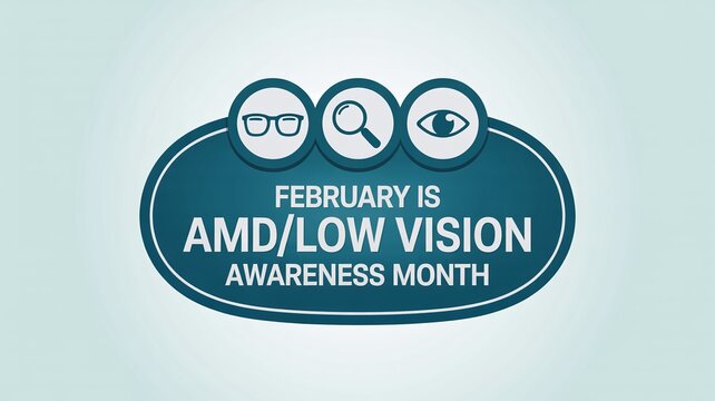 AMD Low Vision Awareness Month February Campaign Badge with Eyeglasses and Magnifying Glass Icons, Medical Healthcare Graphic