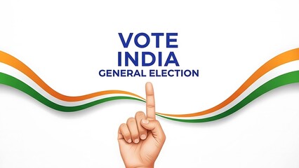 Vote India General Election - Hand with Voting Ink and Indian Flag Waves.