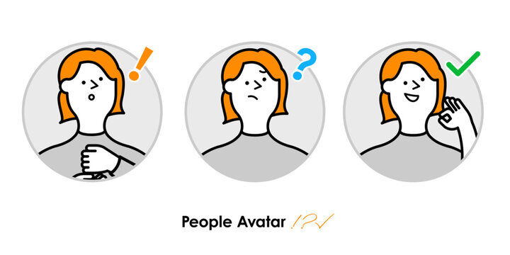 理解・疑問・解決の感情変化を表現した人物アイコンセット｜チェックマーク付きアバターイラスト