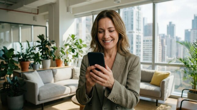 Smile, entrepreneur or woman with phone in startup for email in office for networking on social media app. Happy, internet and consultant texting on mobile for research and online news on website - Powered by Adobe
