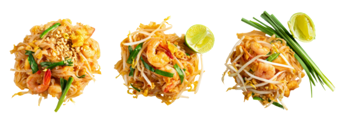 Delicious pad thai noodles with shrimp transparent background food art