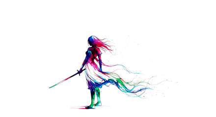Colorful woman warrior with sword in vibrant ink splatter art style