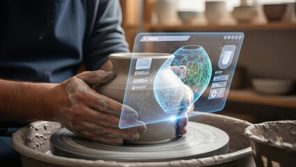 A person using a pottery wheel with a virtual interface displaying a globe