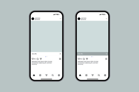Instagram mockup template, Mobile social media post mockup on smartphone screens, perfect for ads, sponsored content, UI presentation and app design. instagram post with like, comment, share, icon