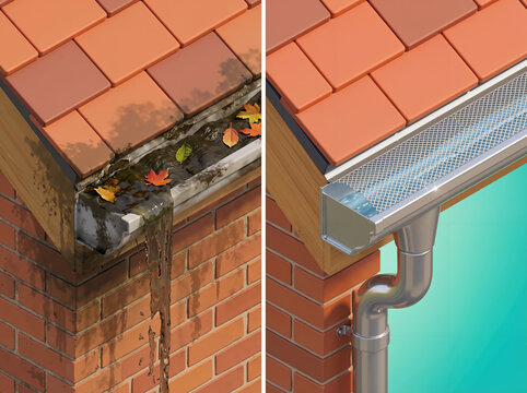 Roof gutter protection comparison. Clogged gutter with leaves and water overflow before vs clean gutter with mesh leaf guard after for home drainage.