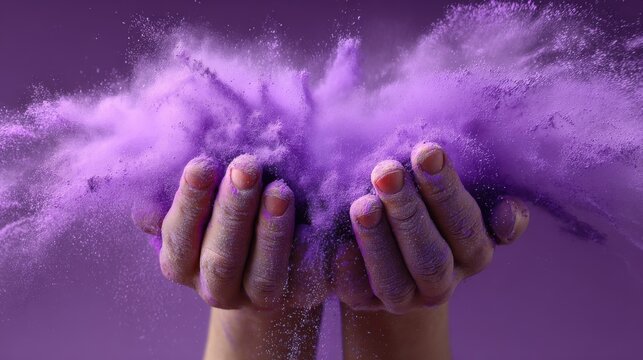 Hands releasing vibrant purple pigment in motion, epilepsy awareness, hope, support, and celebration of Purple Day