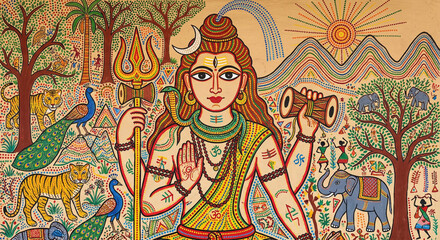 Lord Shiva in Traditional Bhil Tribal Art Style