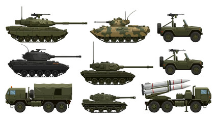 Collection of various military vehicles, including tanks, armored personnel carriers, and missile launchers, illustrated in a pixel art style