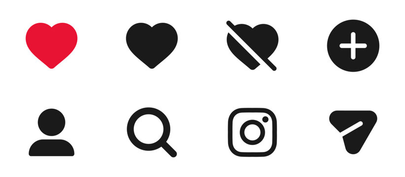 Instagram logo, instagram icons set, Social media icon set, social media interaction, notification icons with like, follower, share, dislike, add, search icon symbol. Red like icon button, favorite