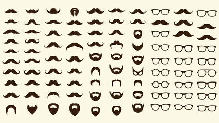 Comprehensive vector collection of diverse mustache, beard, and eyeglasses styles. Fashionable facial hair and eyewear elements for creative graphic design projects