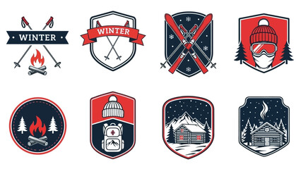 Collection of Vintage Winter Adventure Badges and Emblems Featuring Skiing, Cozy Cabins, Campfires, and Snowy Mountain Landscapes for Outdoor Graphics