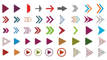 Dynamic collection of vector arrows and play button icons, featuring diverse styles and vibrant colors for user interface and graphic design applications