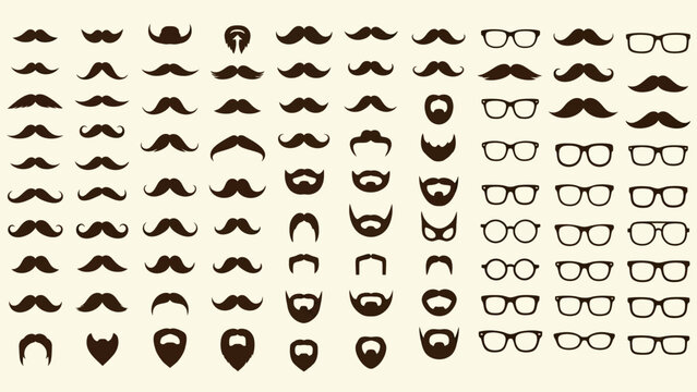 Comprehensive vector collection of diverse mustache, beard, and eyeglasses styles. Fashionable facial hair and eyewear elements for creative graphic design projects