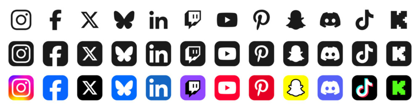 social media icons. social media logo , linkedin, facebook, instagram, youtube, twitter, x, bluesky, snapchat, twitch, discord, kick, tiktok, icon - social network logos collection set. vector