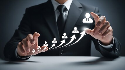 Businessman presenting dynamic team growth concept with glowing icons