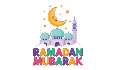 Fototapeta premium A colorful illustration of a mosque with a crescent moon and stars, celebrating Ramadan Mubarak on transparent background