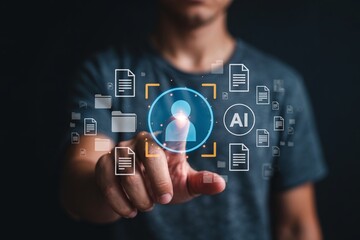 Businessman Using AI Artificial Intelligence for Digital Profile Search and Automated Document Management System with Data Folder Cloud Icons