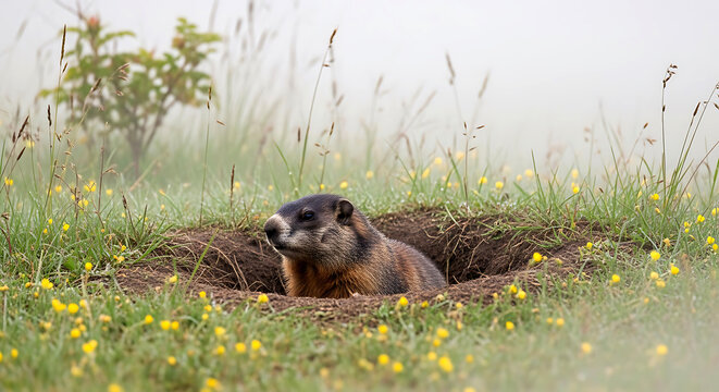 Yellow-bellied marmot peeking from burrow in a misty wildflower meadow during morning fog.