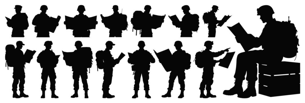 Soldier Silhouette Collection Reading Maps in Tactical Navigation Poses on Transparent Background