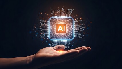 Hand holding AI chip with glowing circuit board and microchip